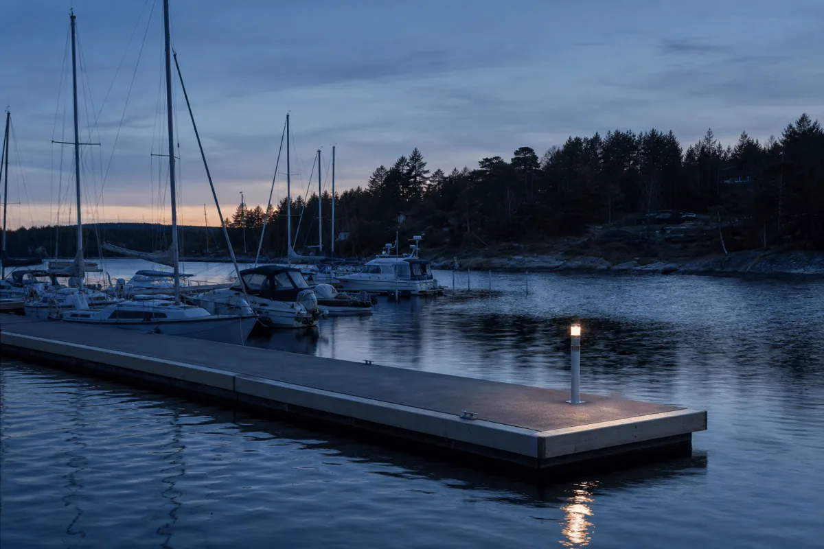 Vikingegaarden floating breakwater at blue hour with one end light and boats moored in the sheltered basin.