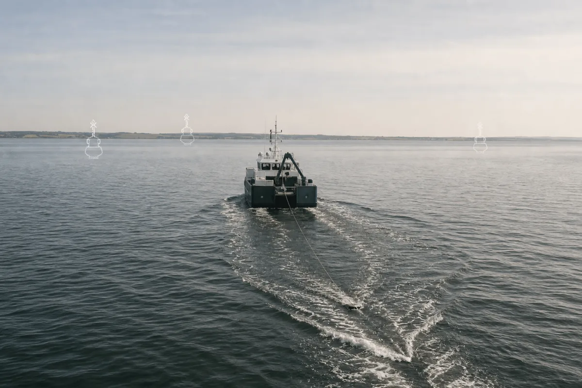 Virtual Buoys supports a work vessel towing survey equipment through calm open water.