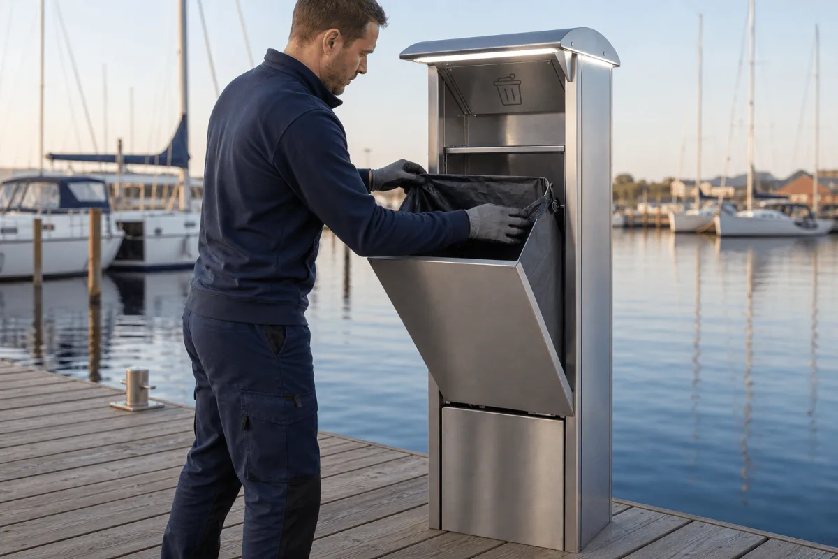 A gloved marina worker replaces the black liner inside an open Marinella NEO LightBin in morning light.