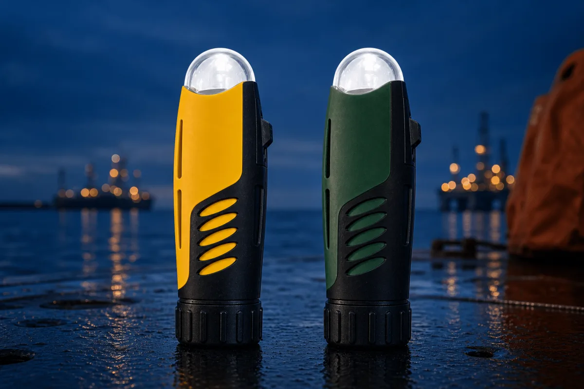Yellow and dark green AQ-4 MkII variants stand side by side with their clear domes and rear clips visible.