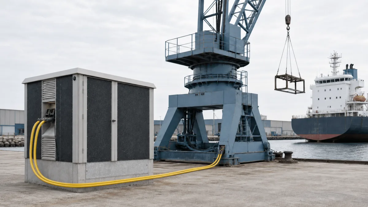 MarineMax powers an operating harbor crane through a continuous pair of yellow cables on the dock.