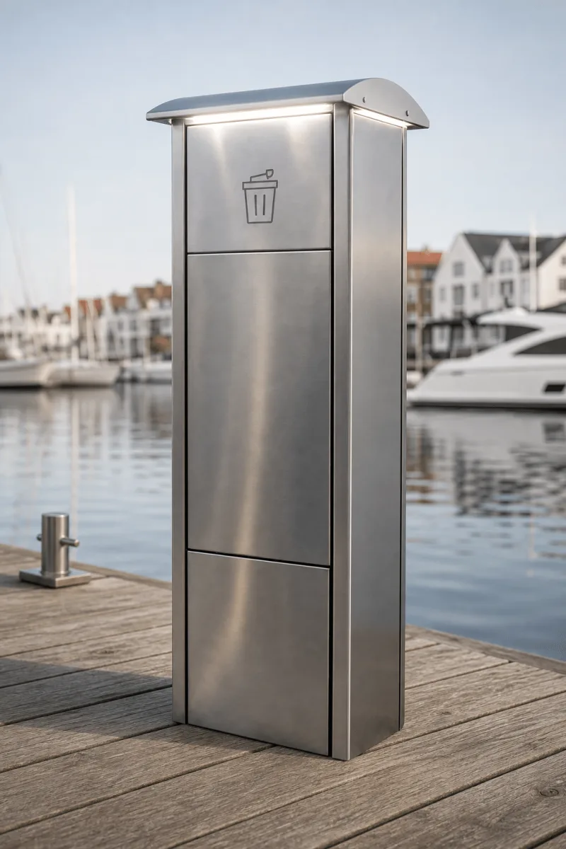 Close portrait view of the Marinella NEO LightBin showing its brushed stainless panels, waste symbol and curved LED canopy.