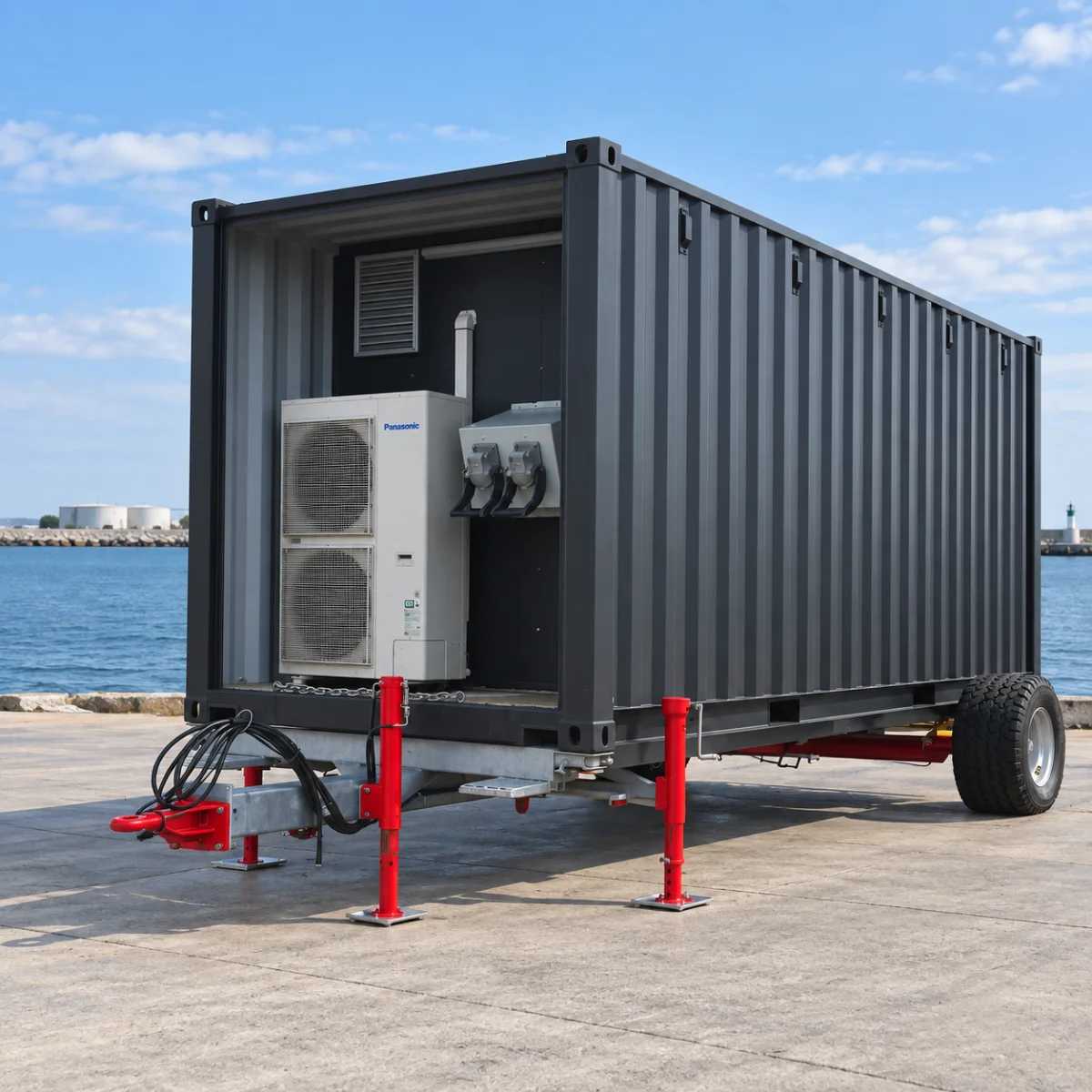 ShoreSupply on the quay in daylight, the trailer levelled on its red legs and the open bay showing the cooling unit and the two supply connectors.