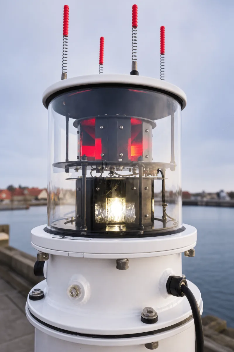 A close low-angle view of the MBL 400S LED sector light reveals its red sector panels and central lamp.