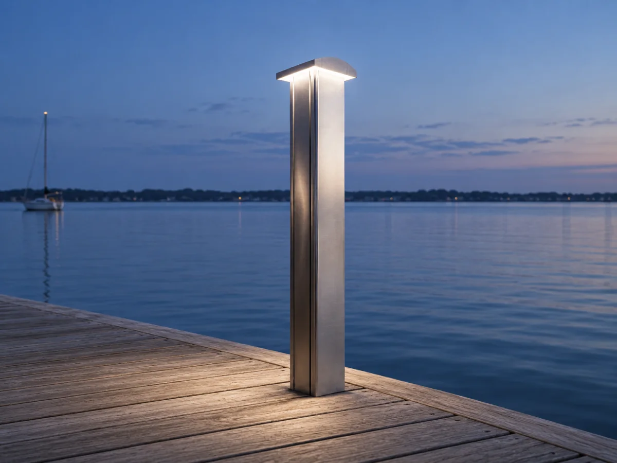 A single Marinella NEO Light bollard lit on a wooden pontoon at blue hour, with a moored sailboat and the bay behind it.