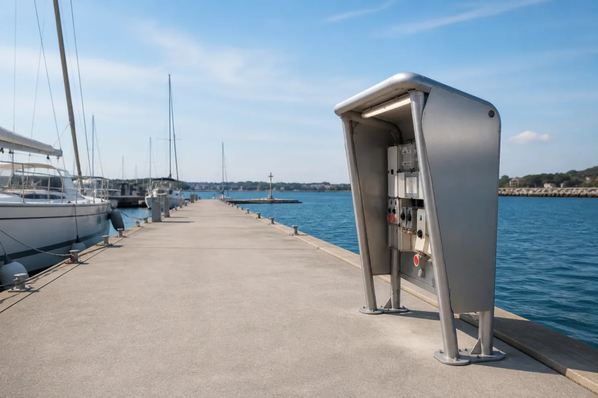 A MarinePro multi-outlet shelter at the pier edge serving several vessels