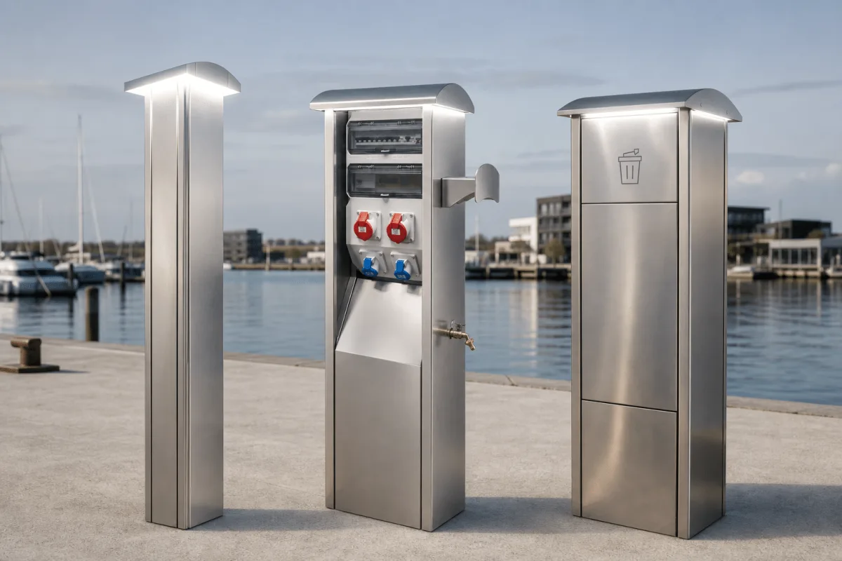 The Marinella NEO Stand, Marinella NEO Light and Marinella NEO LightBin form a coordinated family on a concrete pier.