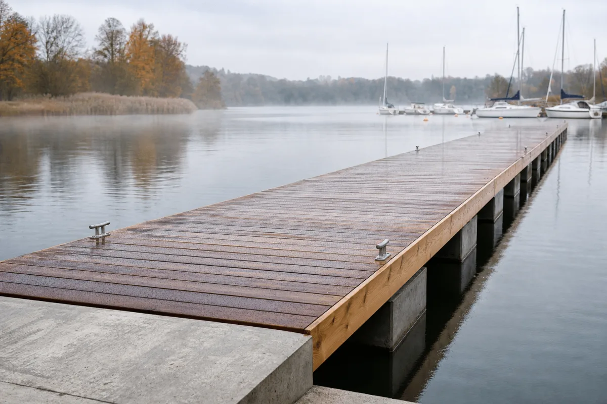Vikingegaarden wooden and concrete floating pontoons stretch into autumn mist with rain-darkened timber planks above calm water.