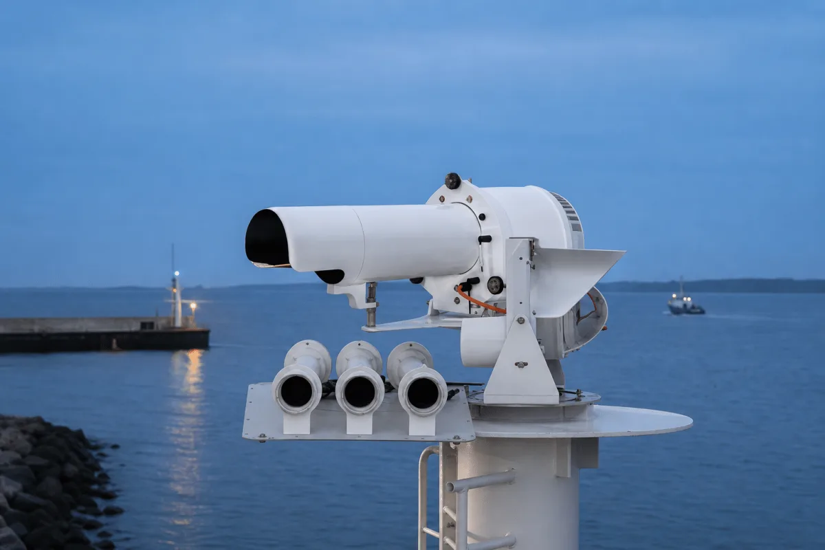 A directional range and lead light guides a coaster into a calm Danish harbor at blue hour.