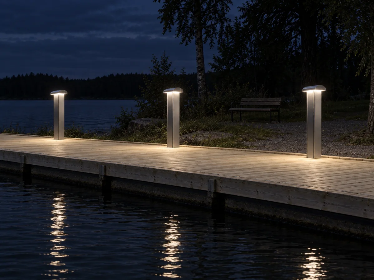 Three Marinella NEO Light bollards marking a pontoon at night along a wooded shore, with a bench in the trees behind.