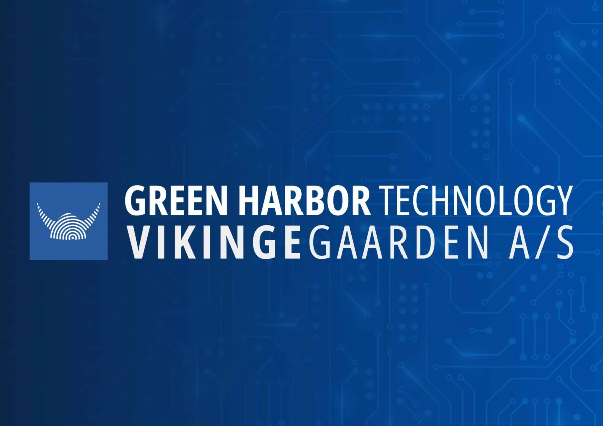 Green Harbor Technology and Vikingegaarden A/S wordmark on a blue background.