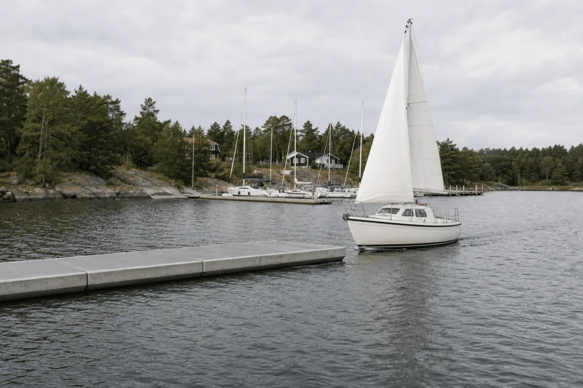 A sailing boat enters the sheltered basin beside the end of a Vikingegaarden floating breakwater.