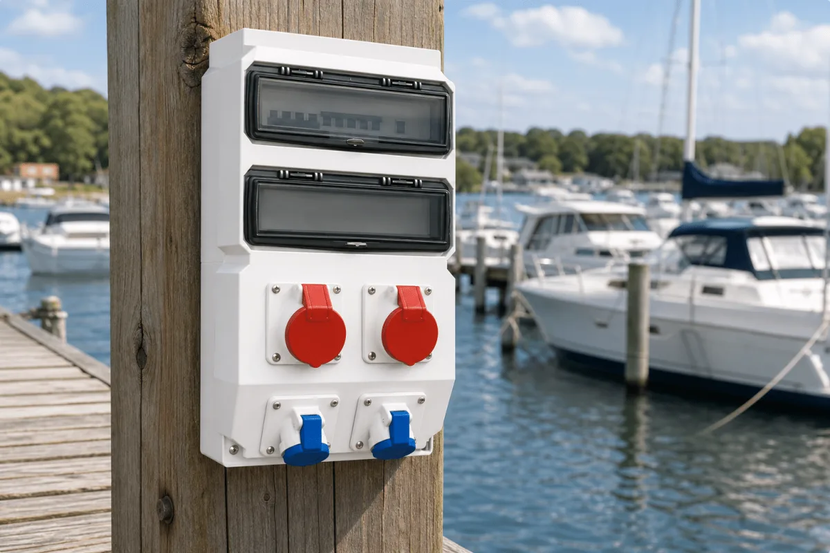 A Marinella NEO WallBox is mounted on a timber post beside moored boats in summer daylight.