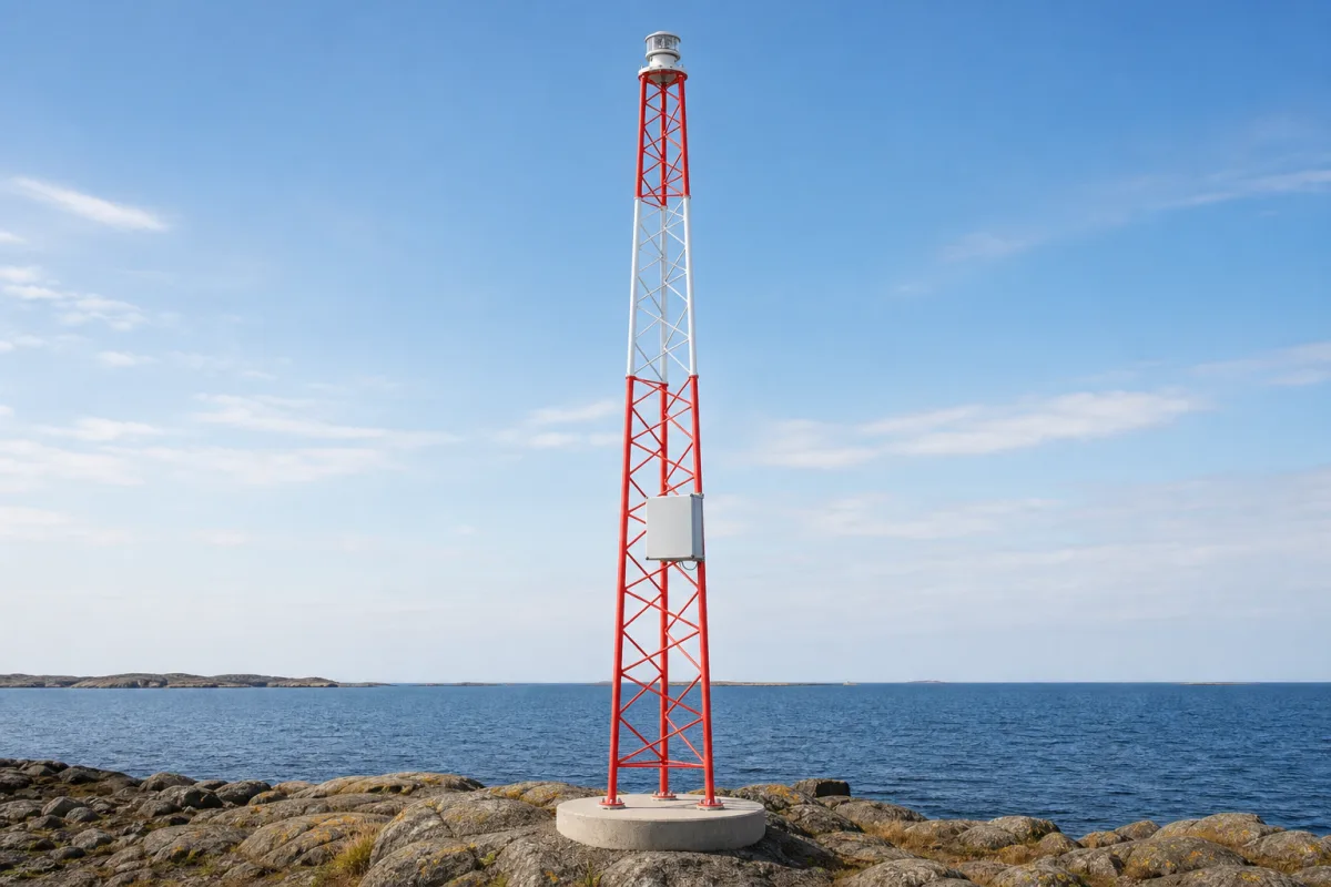 MarineGuard lattice mast on a rocky shore with its lantern at the top and the grey PowerGuard cabinet at mid height.