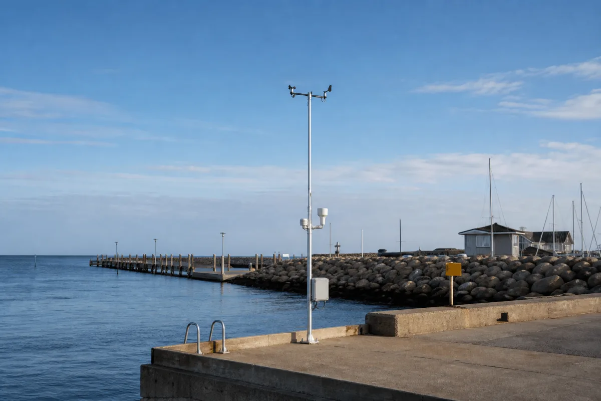 The Cumulus weather station monitors a calm Danish harbor from the centre of a wide breakwater scene.