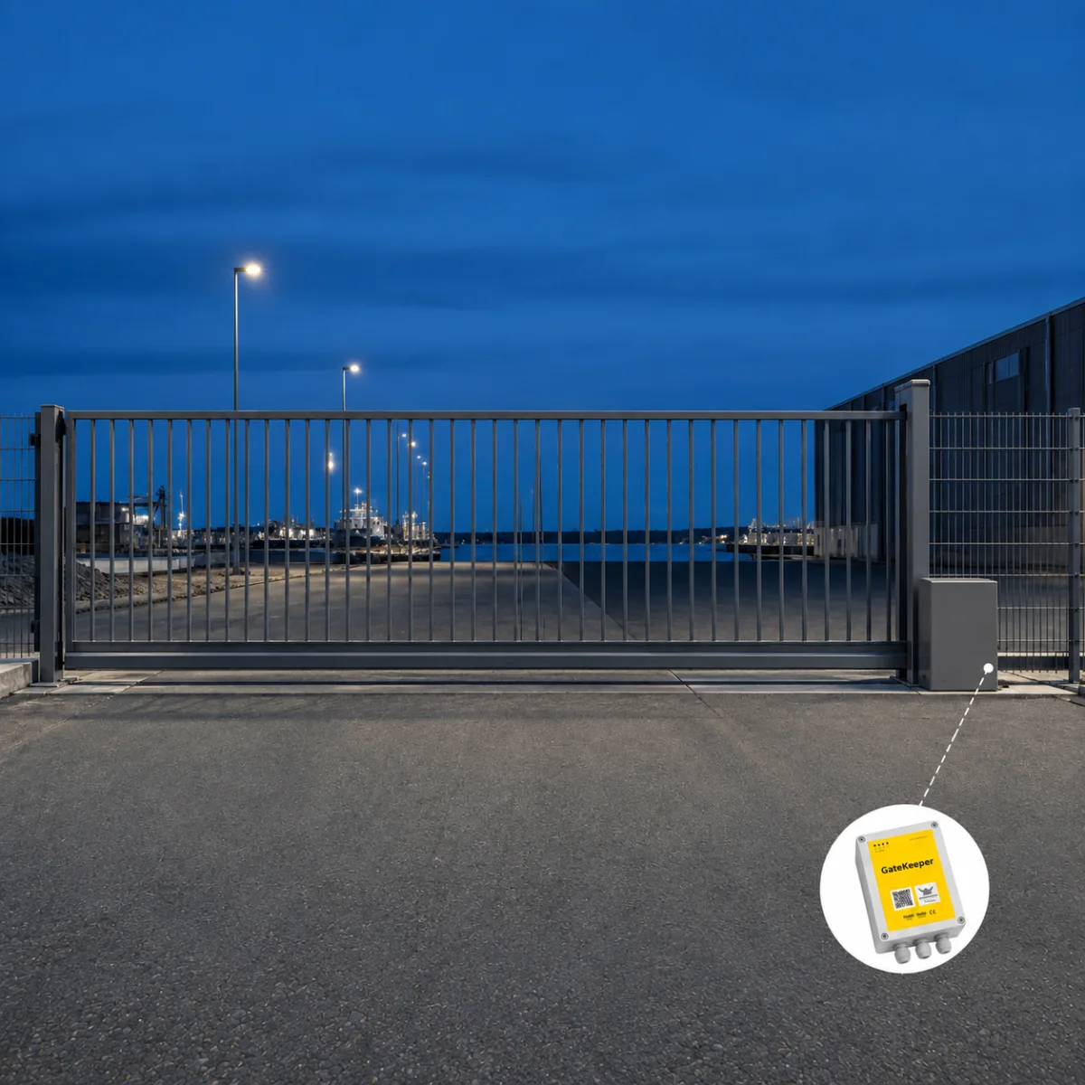 Skydeport lukket for indkørslen til en industrikaj i den blå time, med GateKeeper-styringen i et indsat billede.