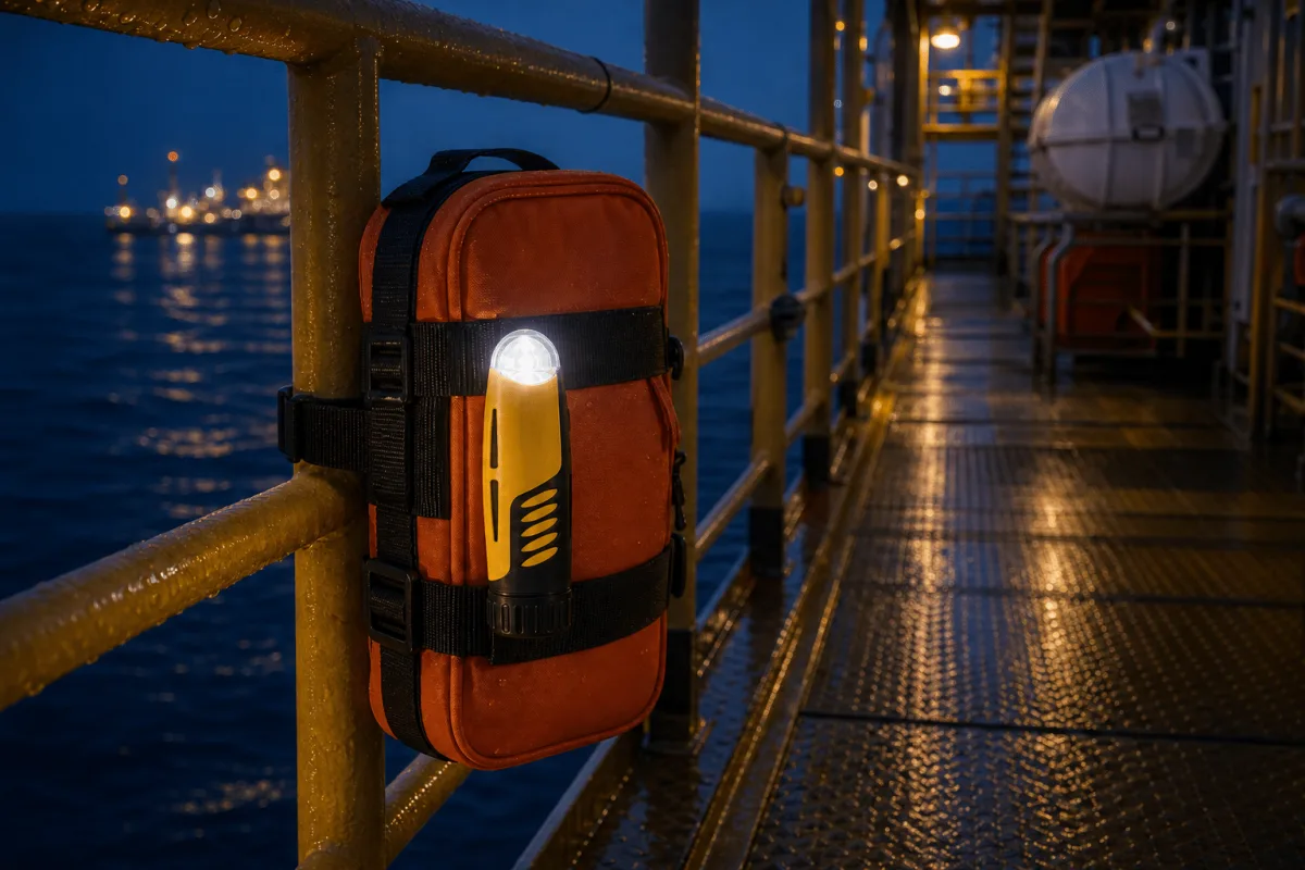 The AQ-4 MkII glows steadily on an orange emergency kit beside a wet offshore escape-route walkway.