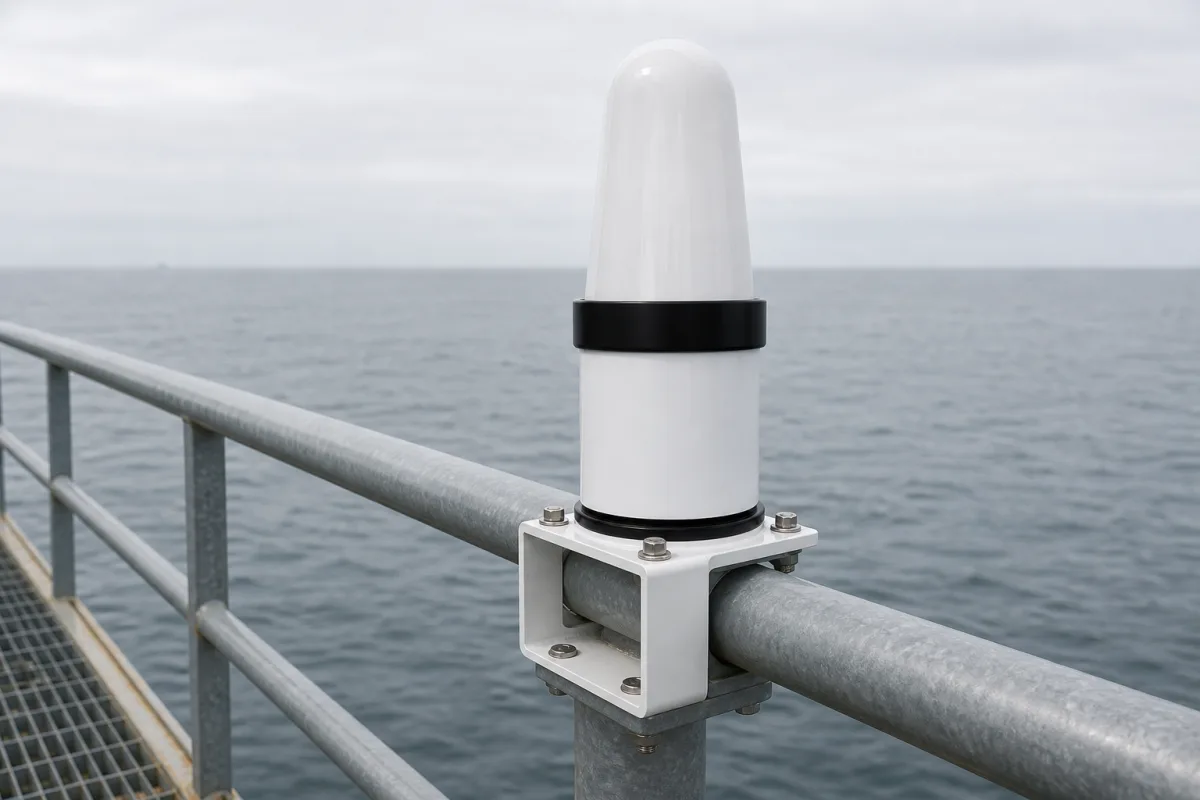 Seabeacon 2 System 6 racon mounted on the handrail post of an offshore platform walkway.