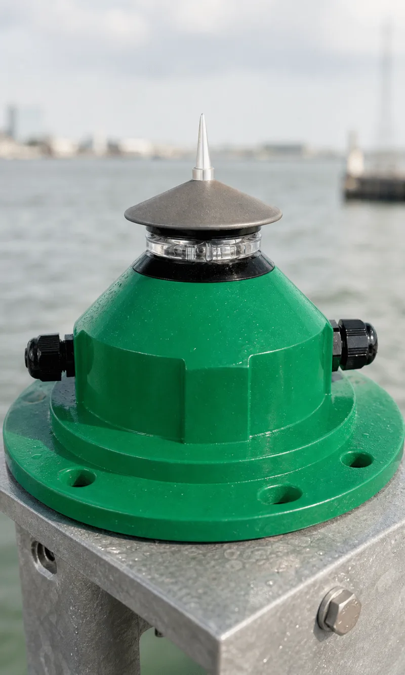 Close three-quarter view of the Nova-65 LED Lantern showing its green housing, cable glands, lens ring and weather cap.