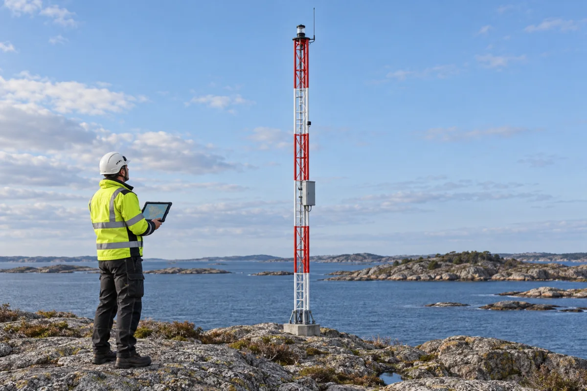 A technician with a tablet showing the EMIKO app looking up at the MarineGuard mast and its mid-mast cabinet.