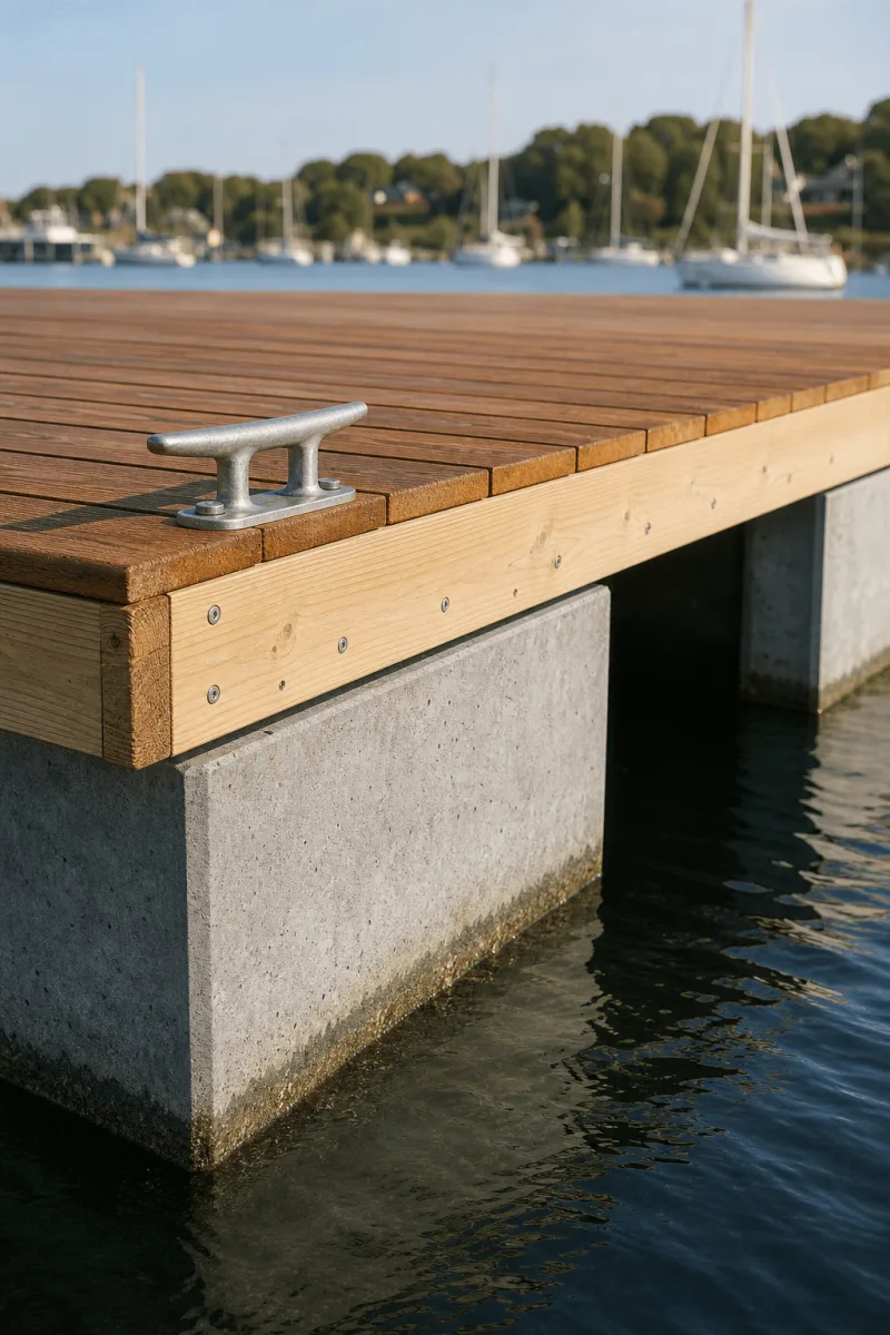 A close view of Vikingegaarden wooden and concrete floating pontoons shows oiled deck boards, timber fascia, a concrete float and a galvanized cleat.