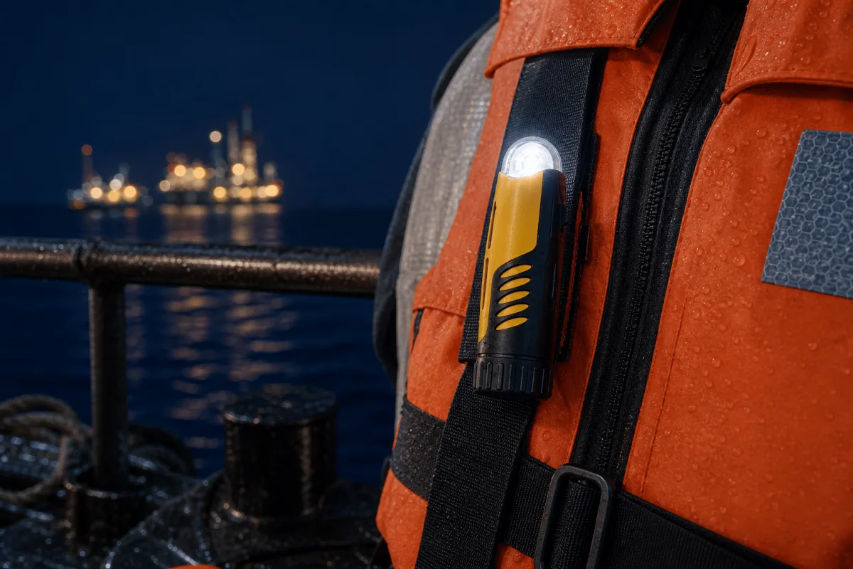 The yellow AQ-4 MkII flashes while clipped to the shoulder strap of an orange lifejacket on a dark wet deck.