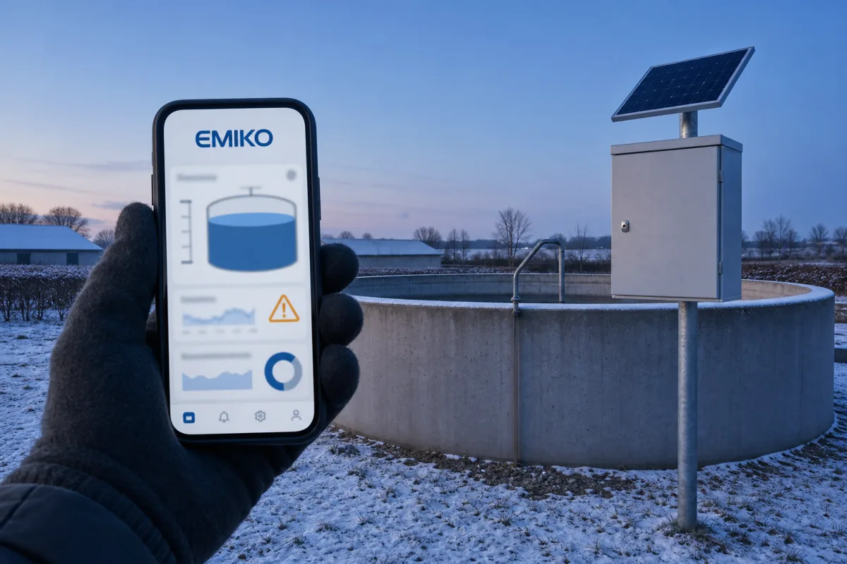 Winter dusk at the tank: a gloved hand holds a phone showing an amber warning in the EMIKO app.