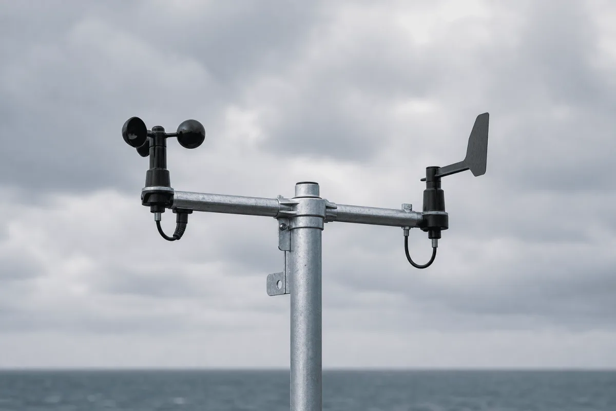 The cup anemometer and wind vane of the Cumulus weather station are seen close up against a windy grey sky over the sea.