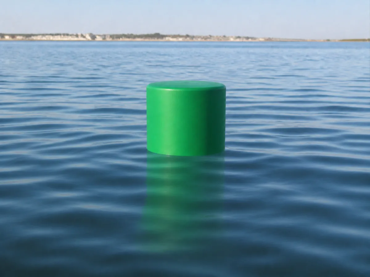 Physical Buoys BEA Series green marker buoy floating deep in a calm harbor, its conical base underwater.