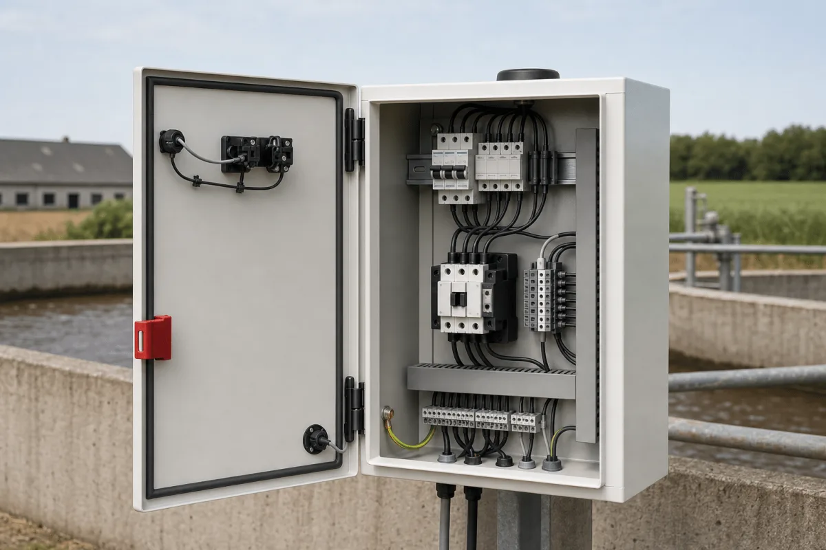 Open BioWatch cabinet showing tidy internal wiring, terminal blocks and the motor contactor.