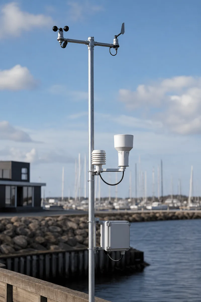 A close low-angle view of the Cumulus weather station shows its cup anemometer, wind vane, white sensors and logger box.