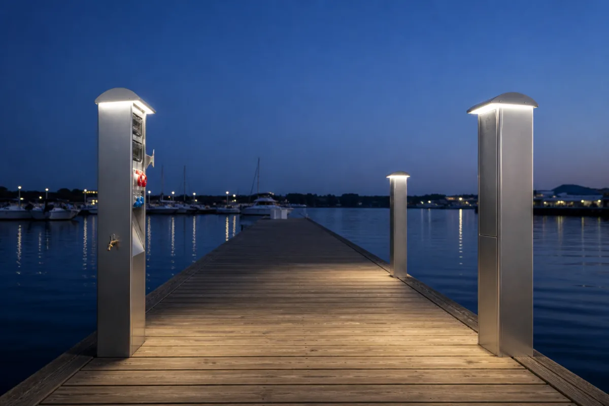 Dusk pontoon with the lit NEO family: stand, shorter light column and matching LightBin at the edges.