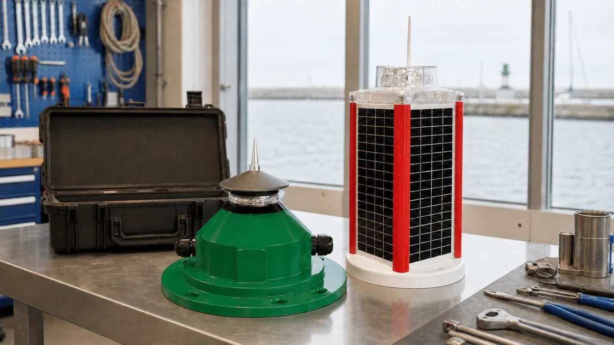 Nova-65 and MCL 360 marine lanterns prepared for inspection and support in a harbor-side Nordic service workshop.