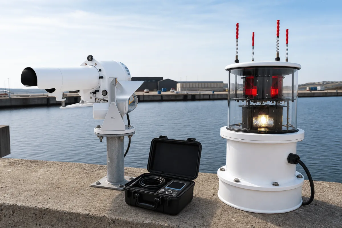 A range light and an MBL 400S LED sector light stand together in a harbor commissioning area.