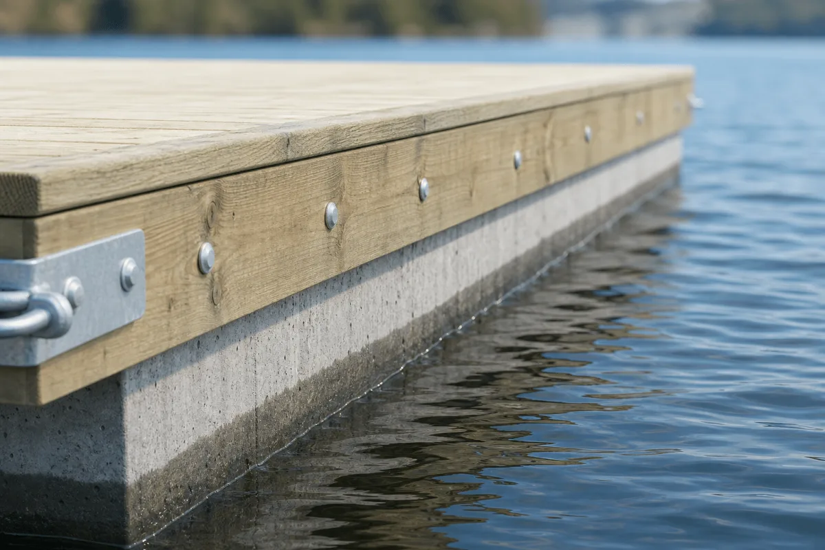 A water-level close-up of the Swim Dock reveals the textured deck edge, concrete pontoon and galvanized fasteners.