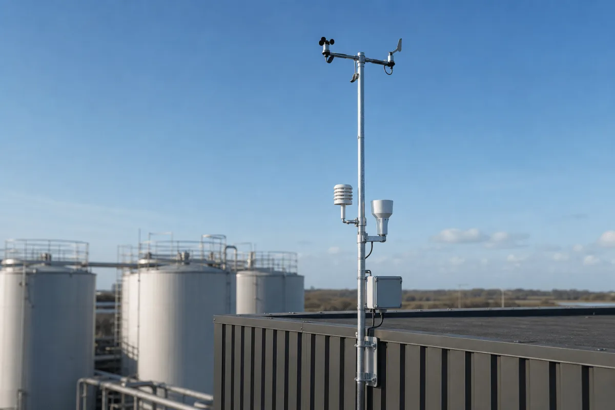 Cumulus weather station mounted on an industrial building edge overlooking pale storage tanks.