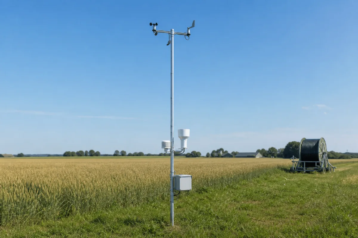 The Cumulus Weather Station stands fully visible at the edge of a bright Danish cereal field with an irrigation reel and farm in the distance.