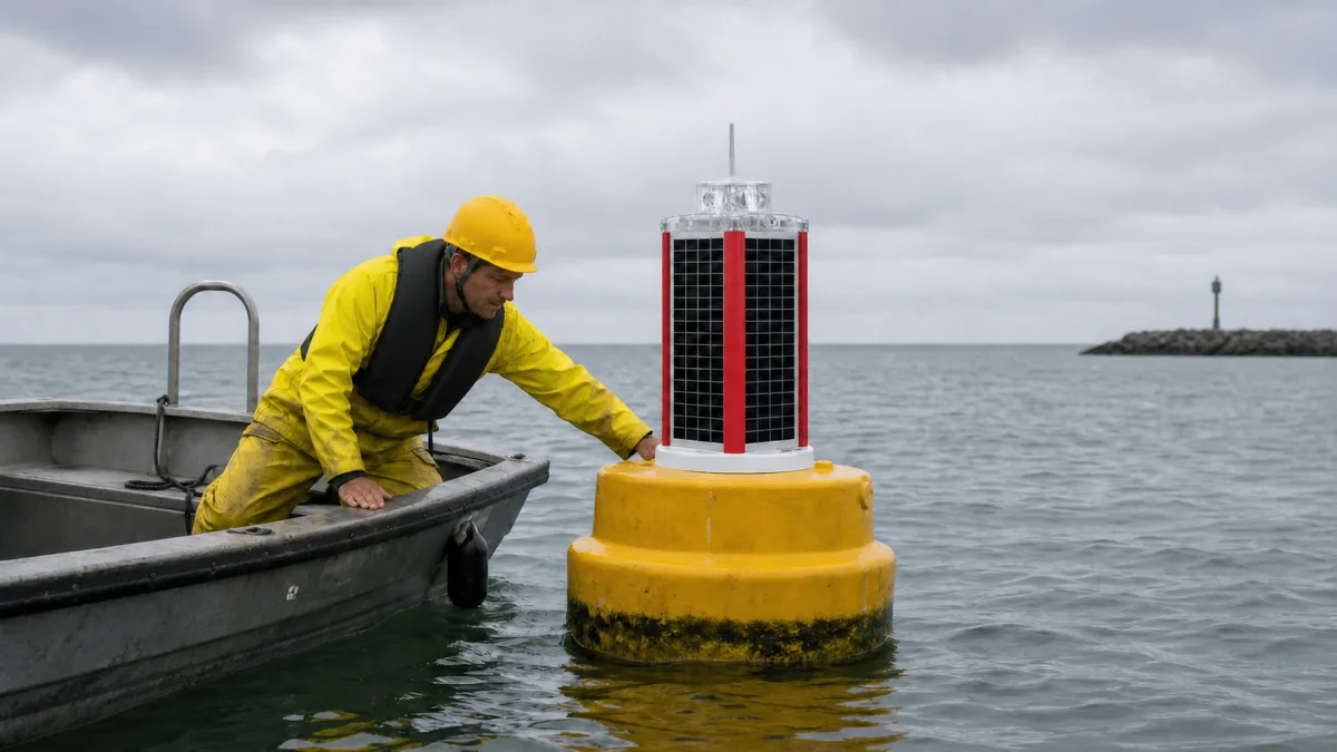 Technician on a small workboat checking an MCL 360 Solar Lantern on a yellow buoy under an overcast sky.