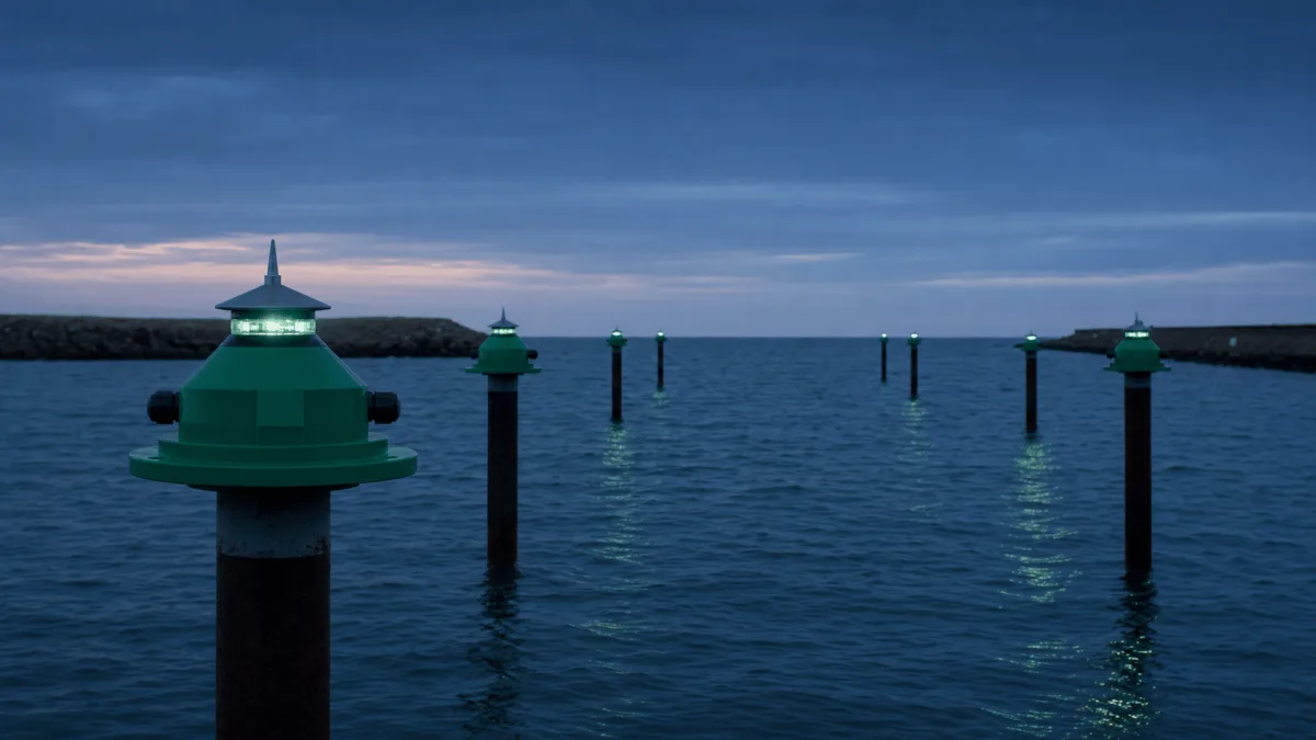 Row of channel marks fitted with synchronized Nova-65 LED Lanterns seen from the water at nightfall.