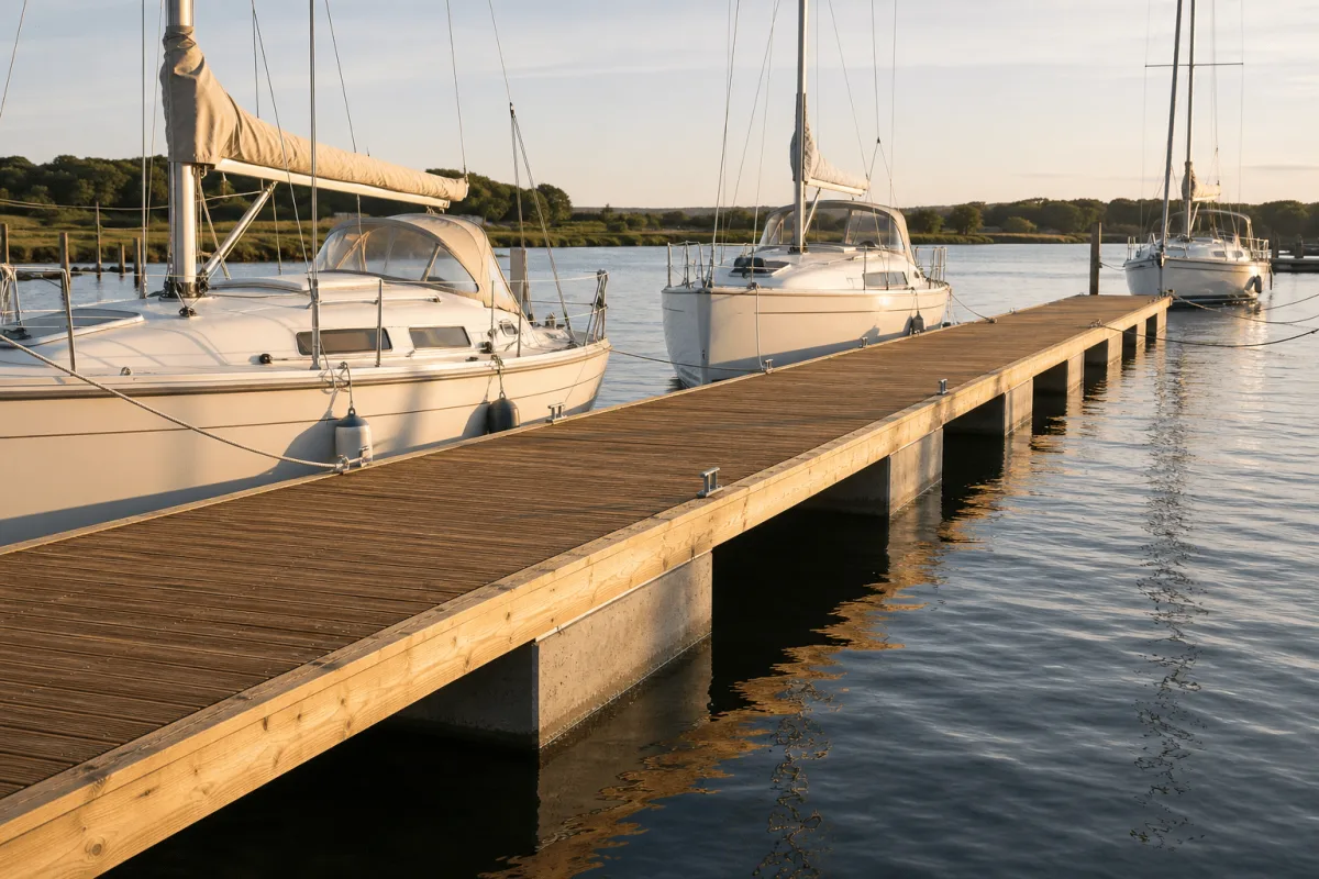 Vikingegaarden wooden and concrete floating pontoons lead between moored sailing boats in warm golden-hour light.