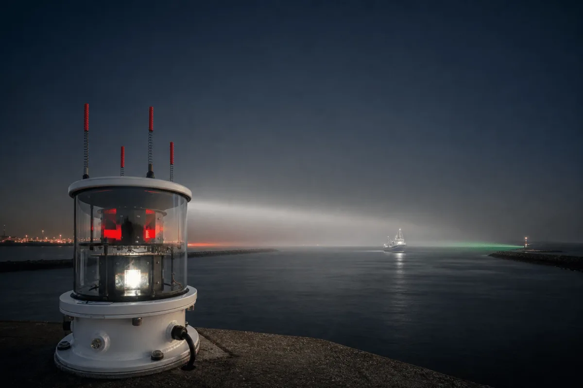 An MBL 400S LED sector light projects a white safe sector across the night fairway toward a coaster.