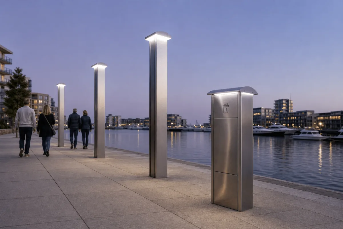 Marinella NEO Light columns and a Marinella NEO LightBin illuminate a public waterfront promenade at dusk.