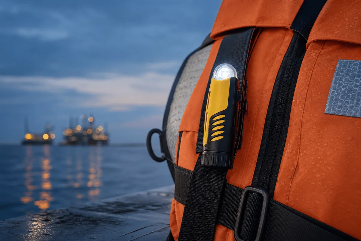The yellow AQ-4 MkII strobe is clipped to an orange lifejacket beside calm offshore water at blue hour.
