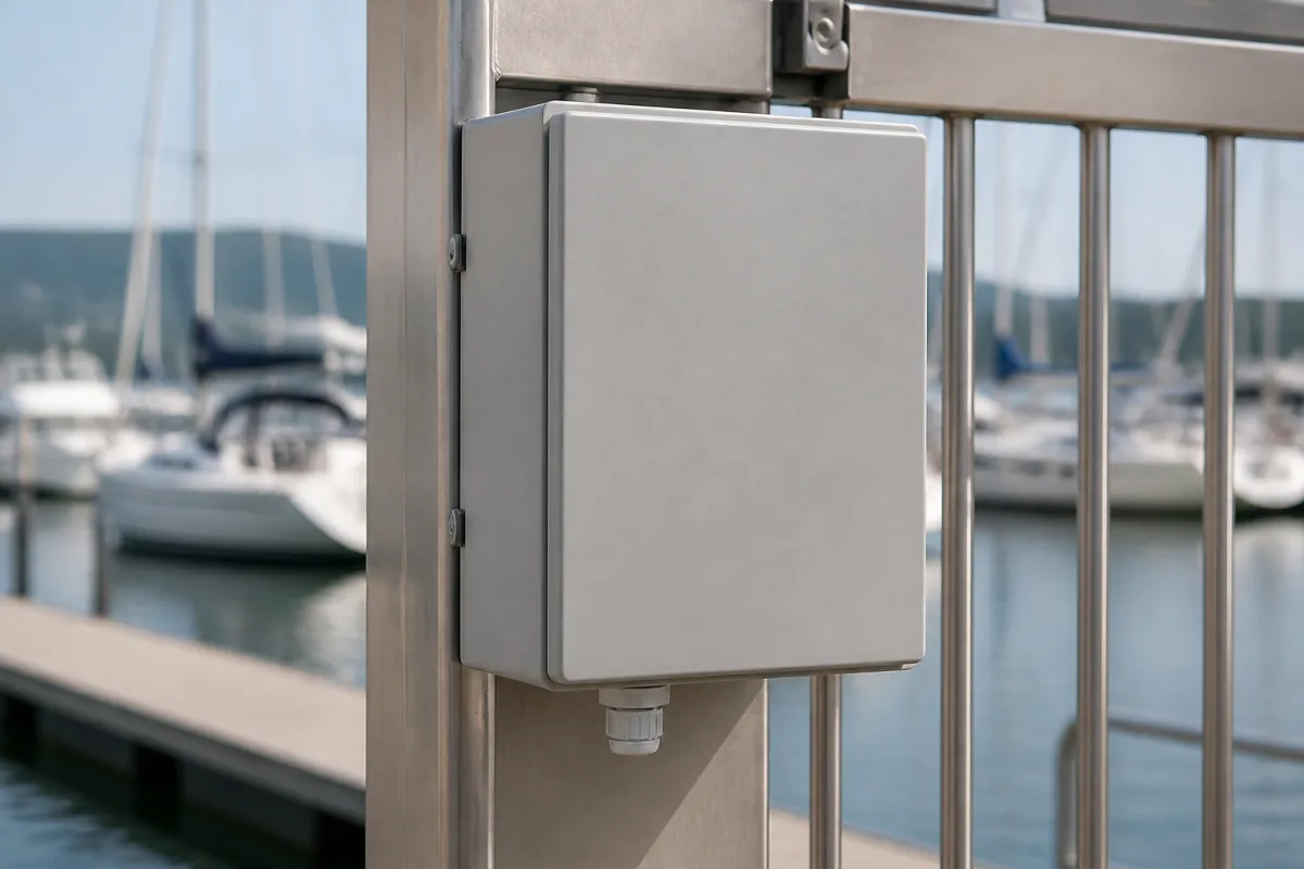 Close view of a sealed grey control cabinet and bottom cable gland on a marina gate post.