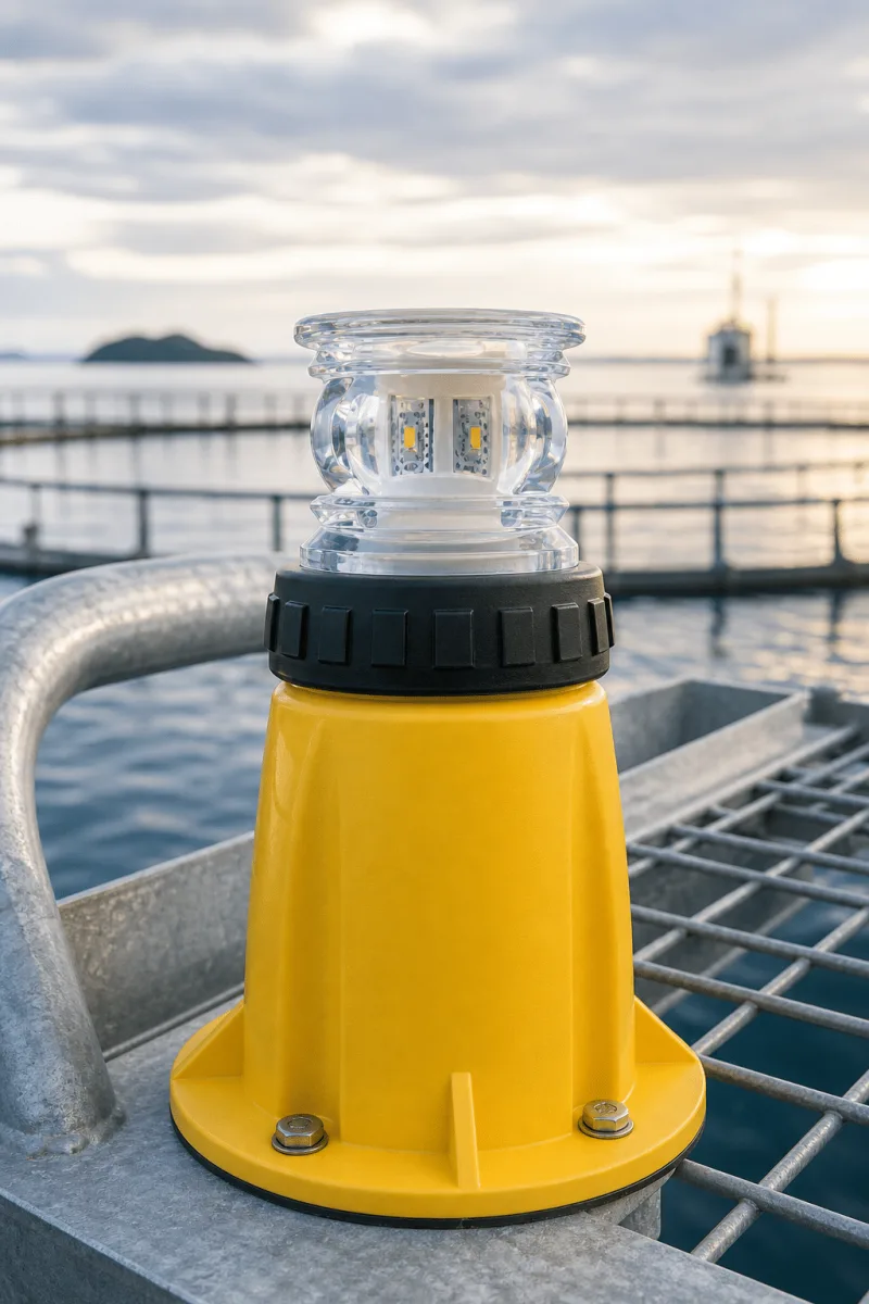 Nærbillede af ML 300 markeringslygten set fra lav vinkel, der viser dens klare linse, sorte krave, gule hus og monteringsflange.