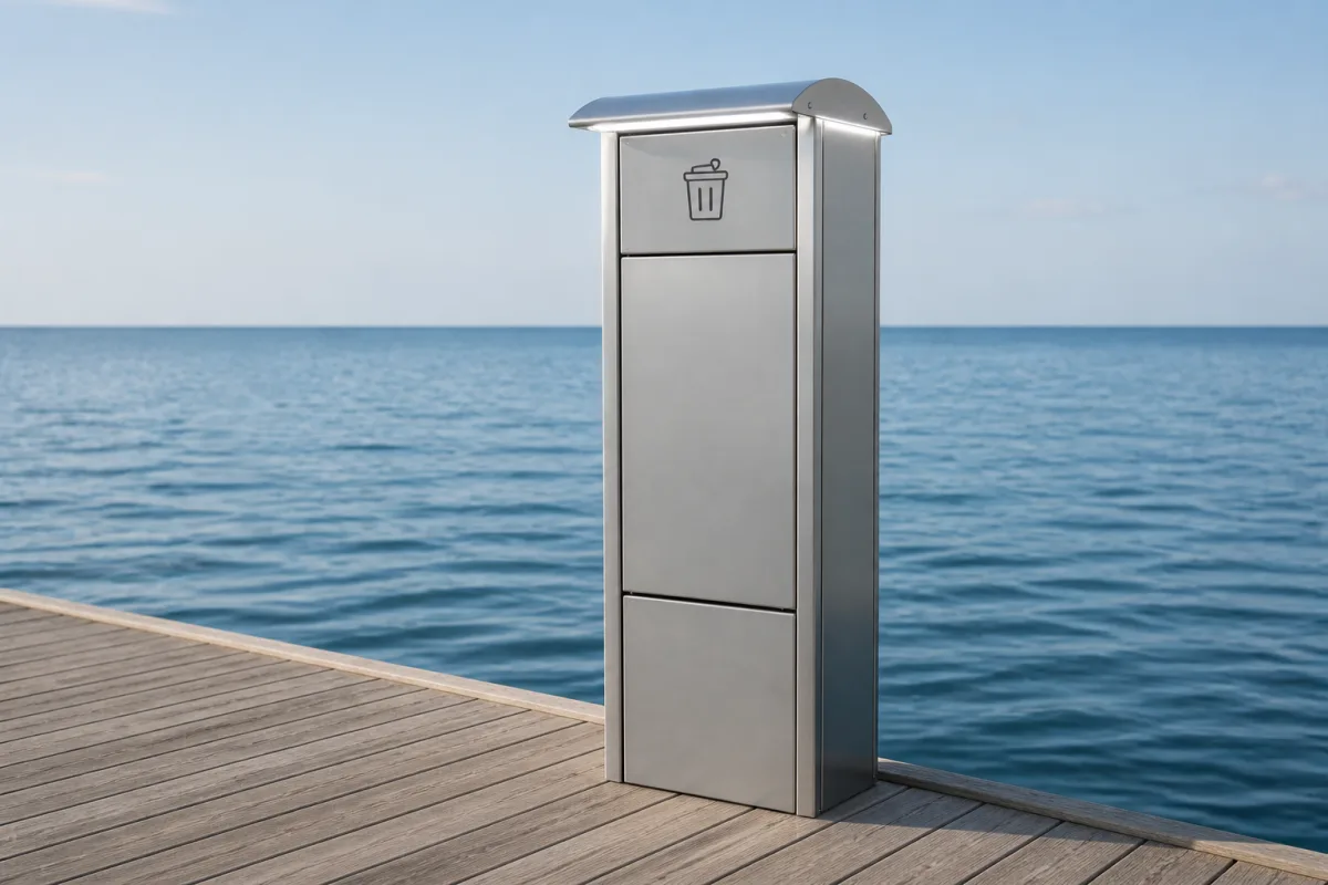 A closed Marinella NEO LightBin in three-quarter view at the pontoon edge with open water and sky behind.