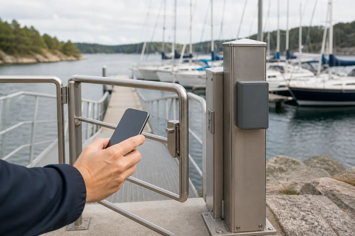 Hand holding a plain smartphone toward an opening pedestrian pontoon gate with its closed grey control box in focus.