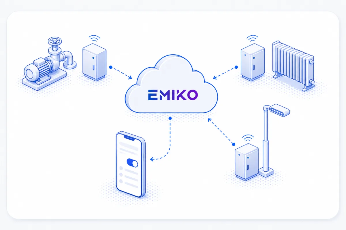 Illustration af EMIKO-skyen, der forbinder en telefonknap til pumpe-, varme- og belysningssteder, hver med sit lukkede kabinet.