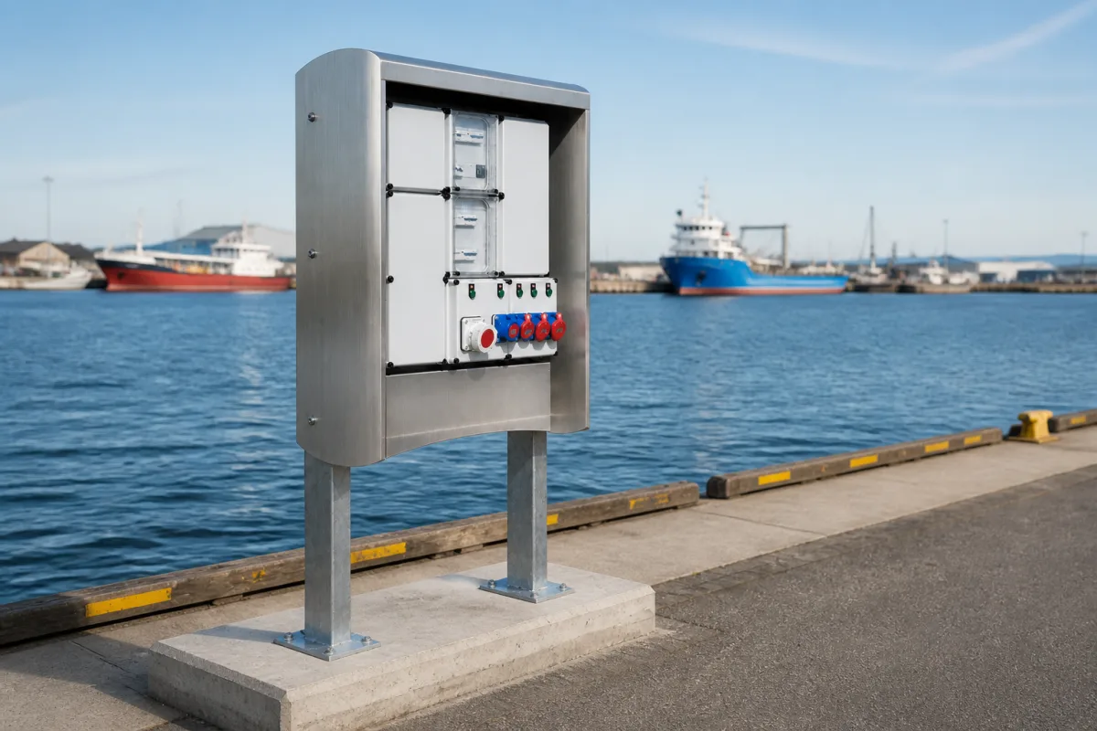 Marineium supply pedestal at the pier edge in a harbor