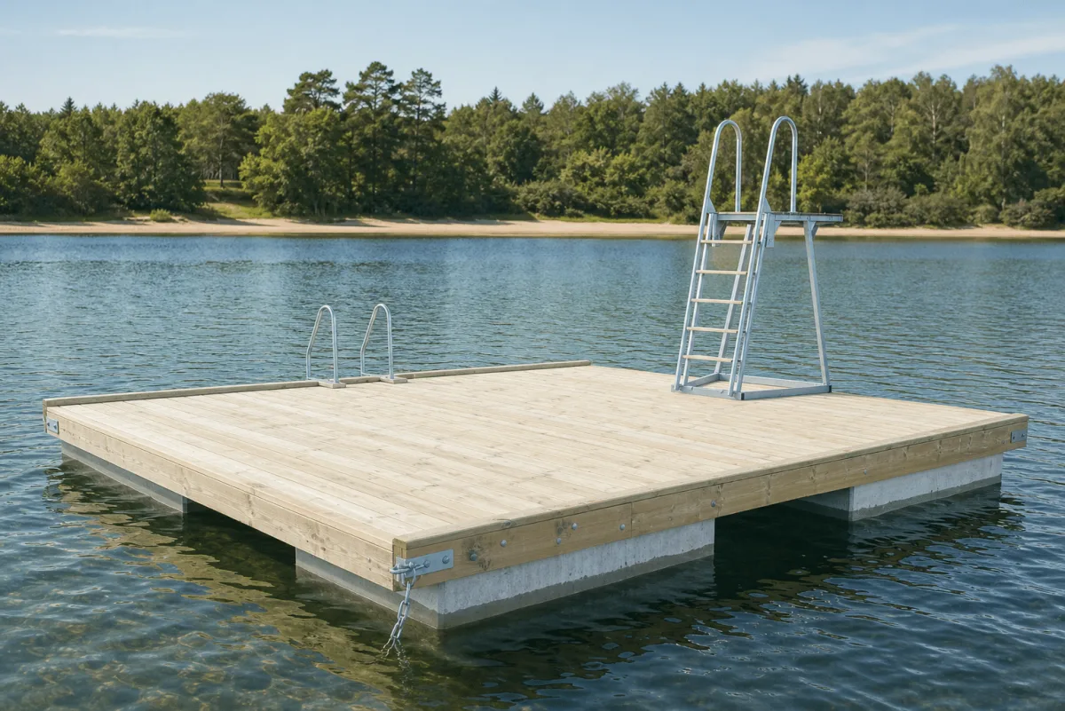 The Swim Dock floats low on calm Danish summer water with its timber deck and concrete pontoons fully visible.